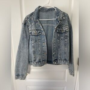 Pearl-Embellished Light Wash Denim Jacket - Women
